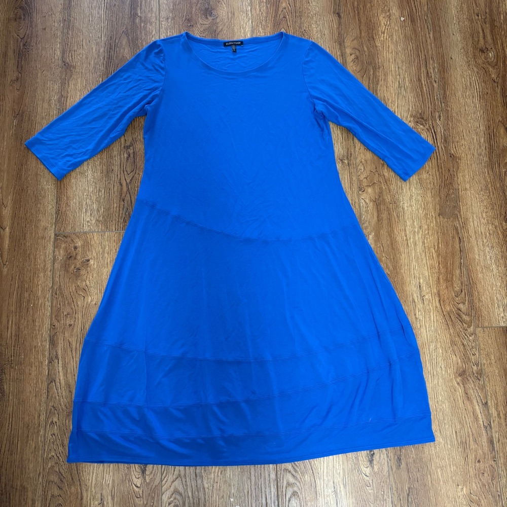 Eileen Fisher Blue Neptune Shift Dress Womens M‎ Rayon Jersey USA Made Casual